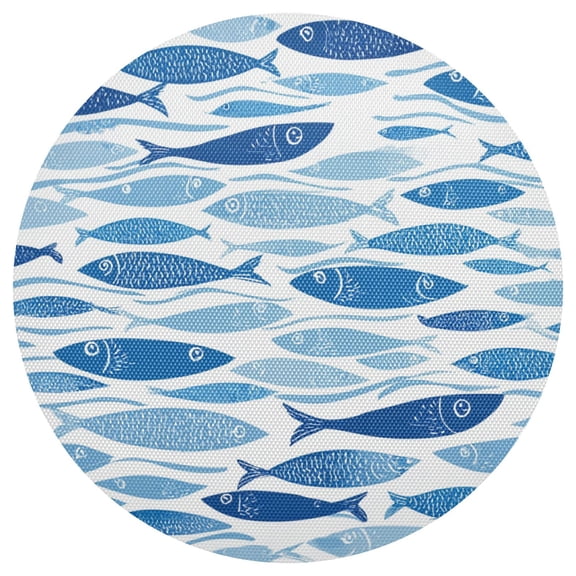 Hand Painted Blue Fishes PVC Round Grid Placemat Table Mat 1 Pc 15.4" x 15.4"