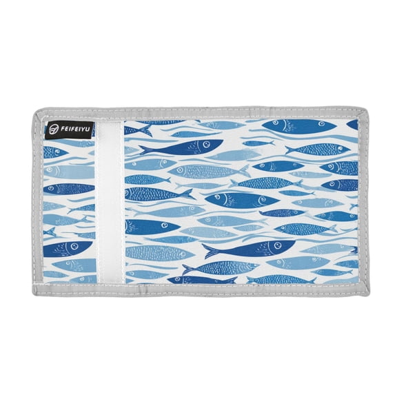Hand Painted Blue Fishes Trifold Wallets Card Holders Coin Pockets with Lanyards Portable Unisex