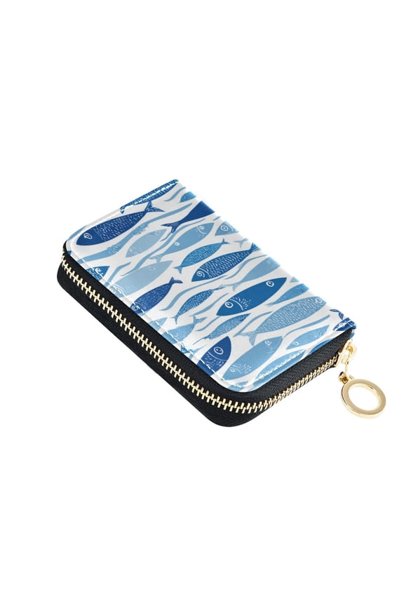 Hand Painted Blue Fishes Women's Credit Card Holder PU Leather Zipper Wallet RFID Blocking
