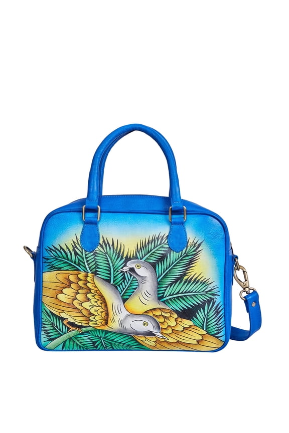 Womens Artistic Bird & Leaf Hand-Painted Blue Leather Ladies Bags Elegant Handbag with Removable Strap, Stylish & Spacious