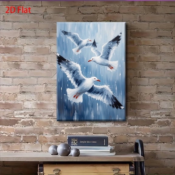 Canvas Painting Blue Pigeon Wall Art - Flying Birds in Flight, White & Grey Feathers on Wrapped Canvas Frame, Blue Hues Modern Home Décor, Seagulls Wall Art, Seagull Wall Art,