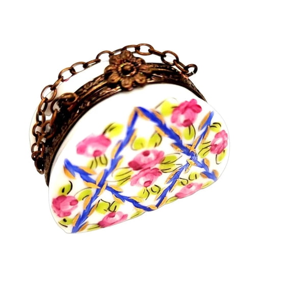 Blue Purse Roses: Special Antiqued Brass Hand-Painted Box Limoges Box Porcelain Figurine