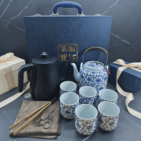 Hand-Painted Blue and White Porcelain Kung Fu Tea Set | Traditional Chinese Ceramic Teapot & 6 Cups | Electric Gooseneck Kettle Included | Ideal for Home Tea Ceremony & Gifting