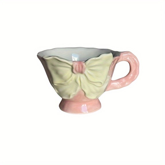 Hand-Painted Bowknot Ceramic Coffee Mug, 1pc - Handcrafted Flat Handle Latte Cup for Home, Office & Cafe Use - Multipurpose, Reusable, Recyclable - Hand Wash Only