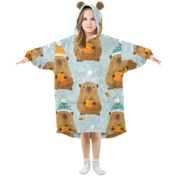 Hand Painted Capybara with Oranges Christmas Flannel Wearable Blankets Hooded Design Long Sleeves Wrap Unisex for 3T-14Y L