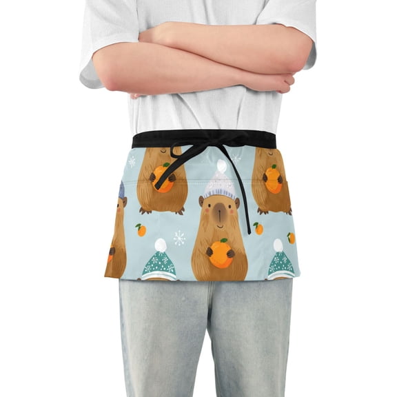 Hand Painted Capybara with Oranges Christmas Short Server Apron with 3 Pockets for Unisex Chef Gardening