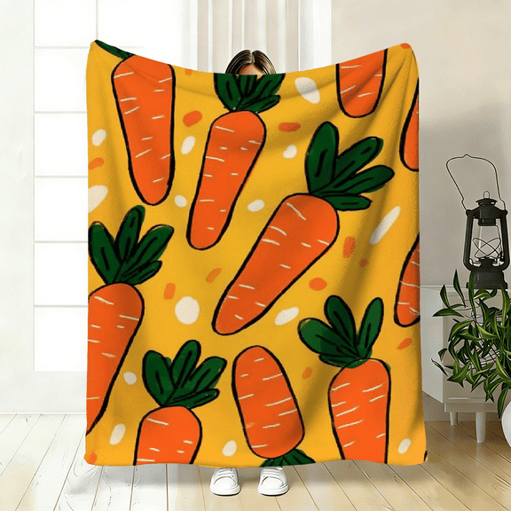 Hand-Painted Carrot Print Flannel Blanket, All-Season Cozy Throw, Vibrant Orange with Green Leaves White Dots Design, Contemporary Bed Sofa Blanket for Home Decor, Perfect Gift for Nature Lovers.