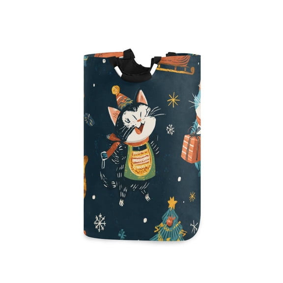 Hand Painted Cats Christmas Party Laundry Basket with Handles Foldable Laundry Hamper Freestanding Washing Bin 50L