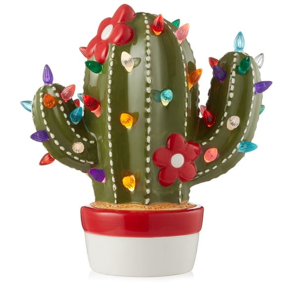 Hand Painted Ceramic Christmas Cactus, Pre-Lit with 92 Multi Color Lights