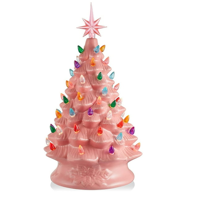 Hand Painted Ceramic Christmas Tree Pink 15 Inch Pre Lit Tree with 128