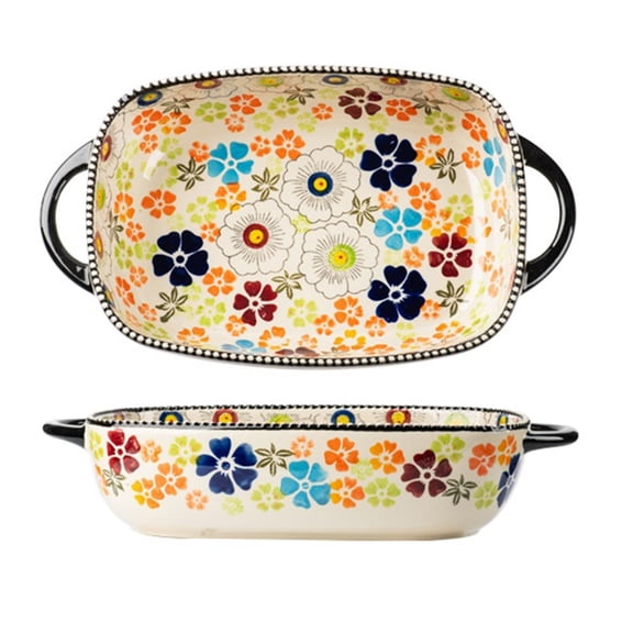 Hand-Painted Ceramic Double-Handled Baking Pan Colorful Floral Square Tableware Microwave Oven Roast Chicken