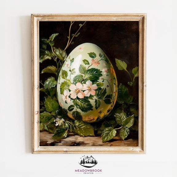 Hand-Painted Ceramic Egg Art - Floral Motif Spring Decor, Rustic Cottagecore Wall Art, Vintage Easter Egg Printable 1193, Unframed Canvas Size 12x18