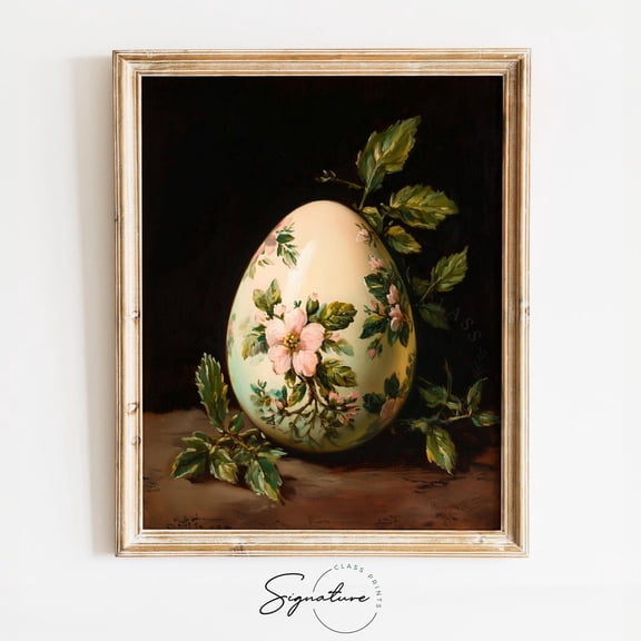 Hand-Painted Ceramic Egg Art, Vintage Floral Motif, Rustic Egg Decor, Cottagecore Spring Wall Art, 3922 Unframed Paper Print