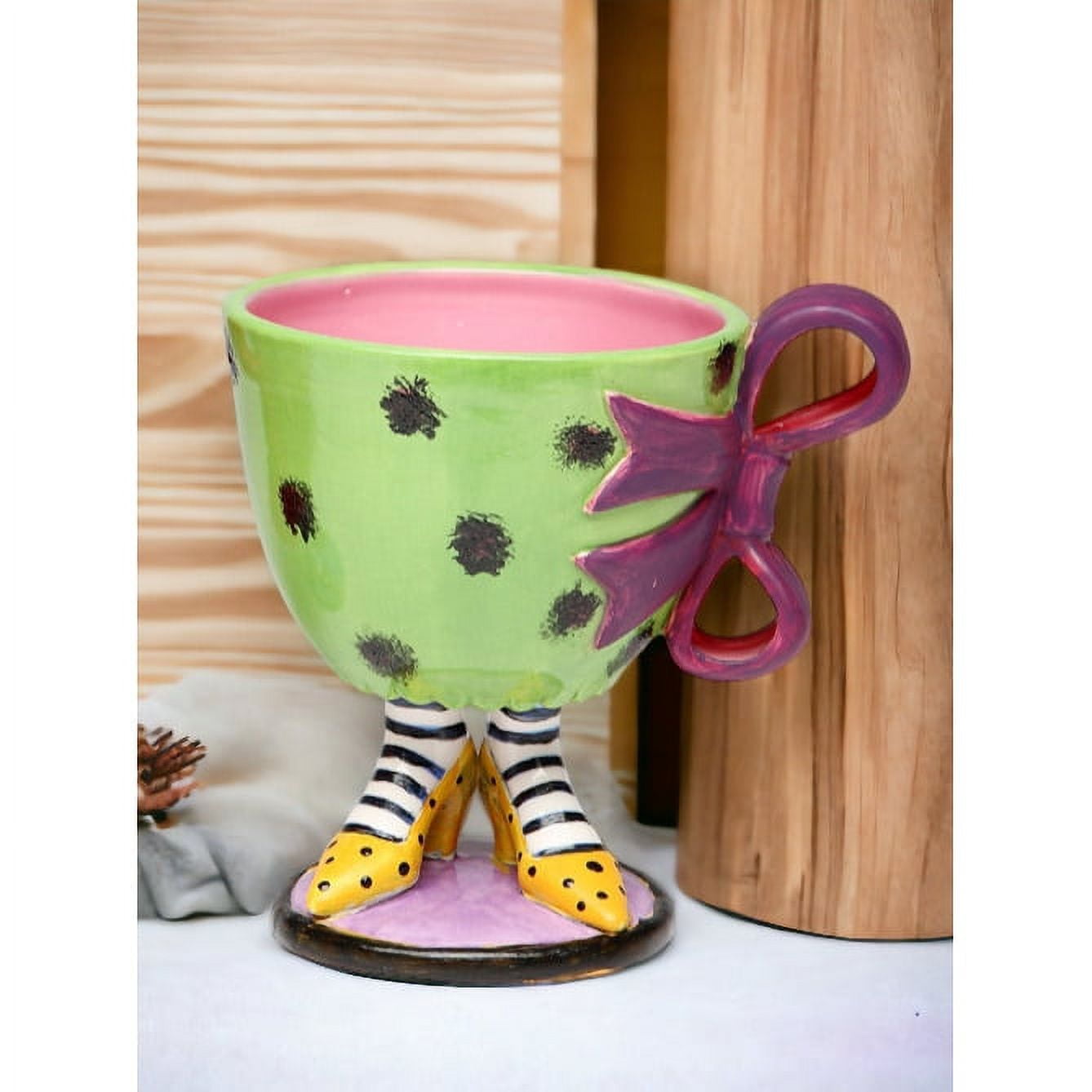 Hand Painted Ceramic Green Cup Purple Bow Yellow Heels 8 Oz Gift