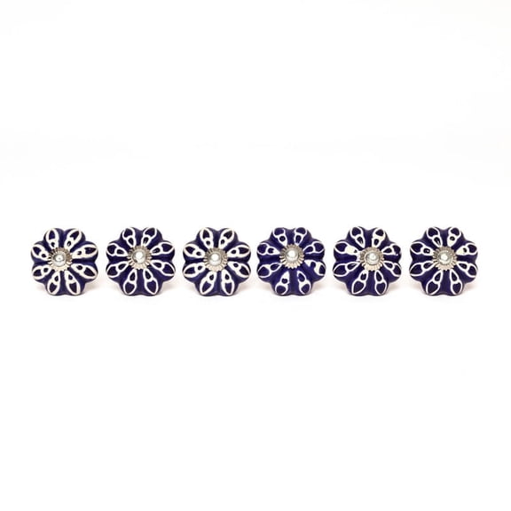 NATRIEL Handcrafted Blue Ceramic Melon Shaped Knobs with Floral Pattern, Hand Painted, Set of 6