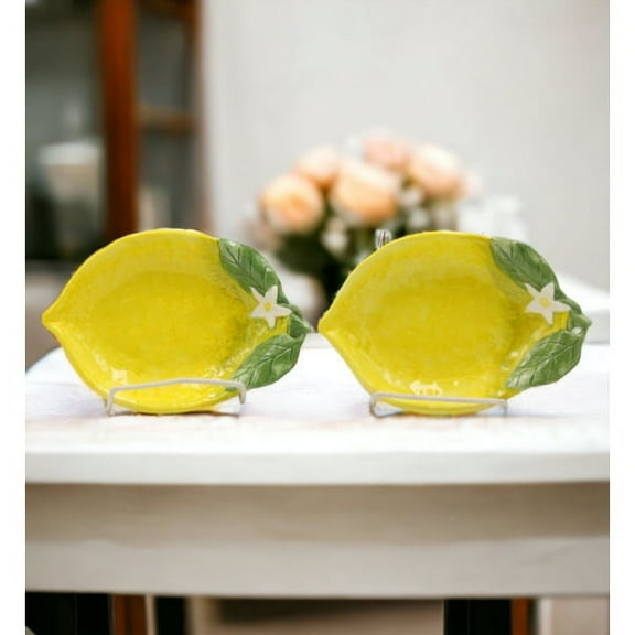Hand Painted Ceramic Lemon Candy Dish Set 2 Small Plates