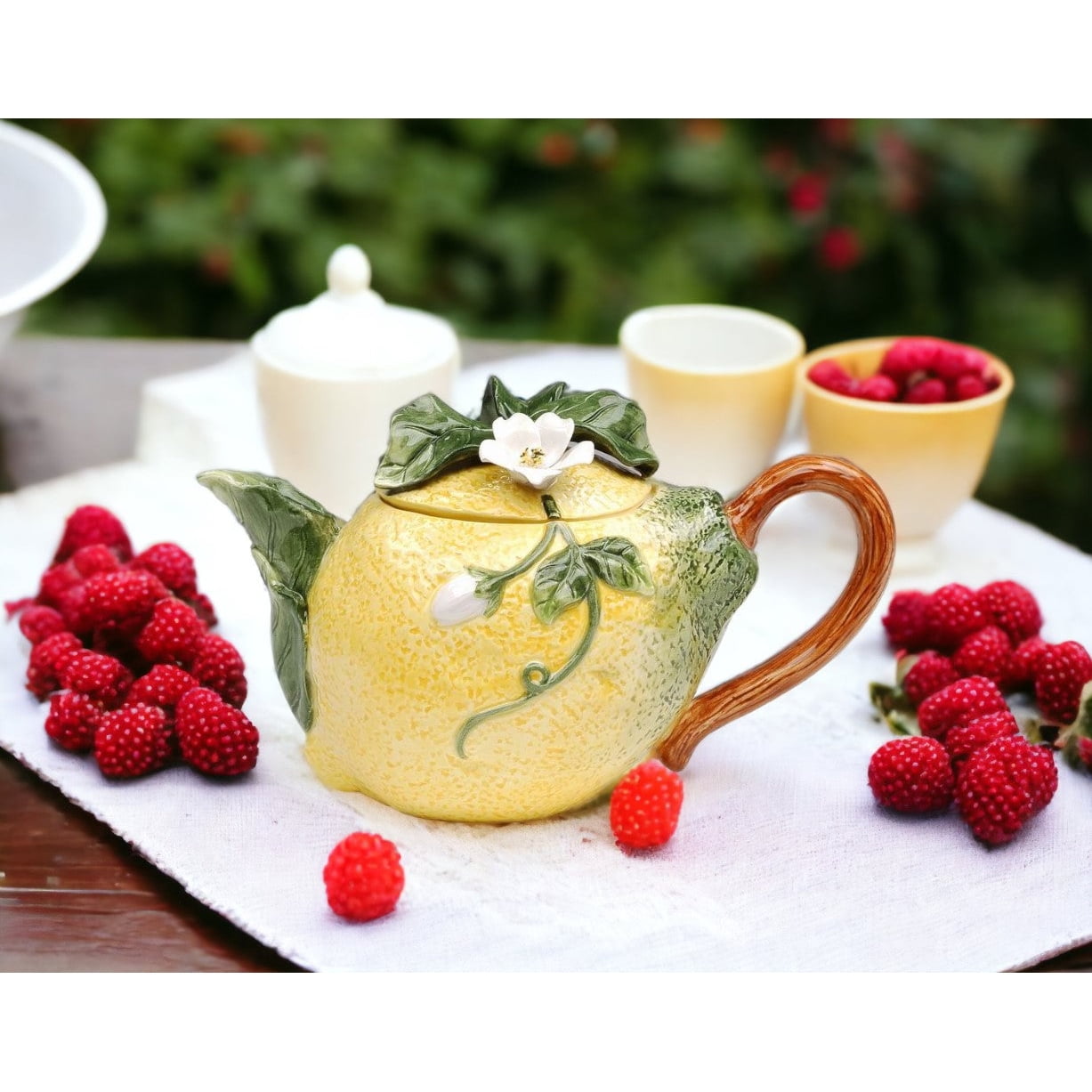 Hand Painted Yellow Ceramic Lemon Teapot with Green Leaf Handle