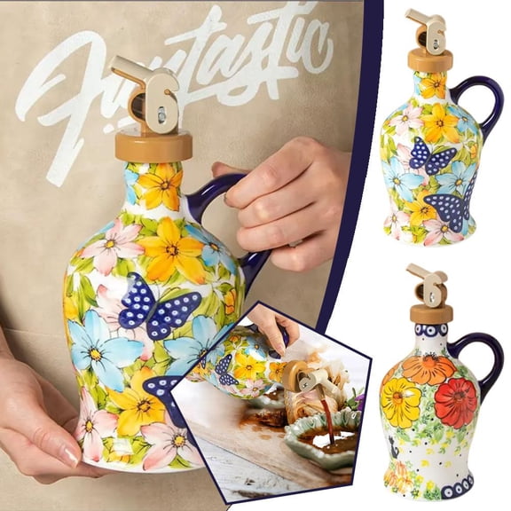 Hand-Painted Ceramic Oil Bottle Dispenser, 9.45 Inches Tall with Elegant Timeless Design, Drizzle Oils and Sauces Over Food with Precision, Great Housewarming or Hostess GiftB,ONE