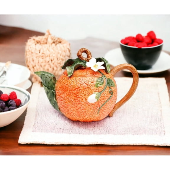 Hand Painted Ceramic Orange Teapot 12oz 6.8"x4" Tea Party