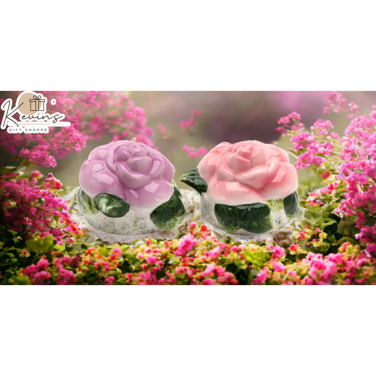 Hand-Painted Ceramic Pink and Purple Rose Salt and Pepper Shakers