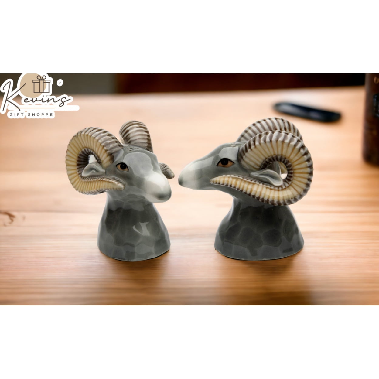 Hand Painted Gray and Beige Ceramic Ram Salt and Pepper Shakers