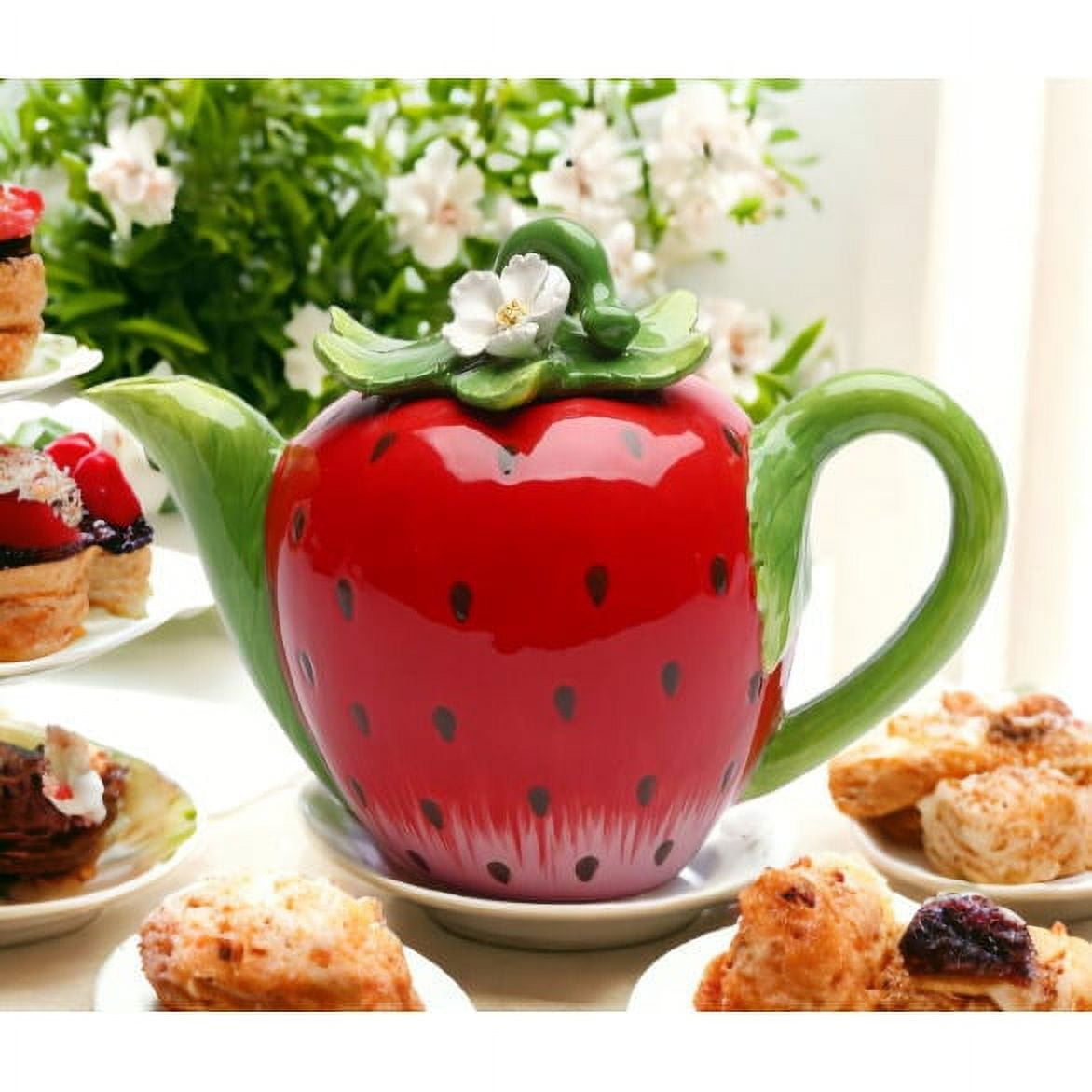Hand-Painted Ceramic Strawberry Teapot with Green Handle, 12oz