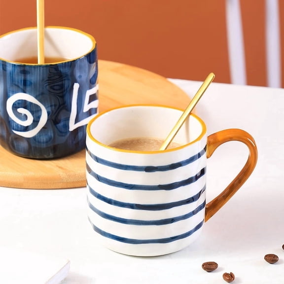 Hand-Painted Ceramic Striped Mugs Set - Unique Japanese Under-glaze Breakfast Cups with Lids and Spoons, 350ml Capacity, Set of 3