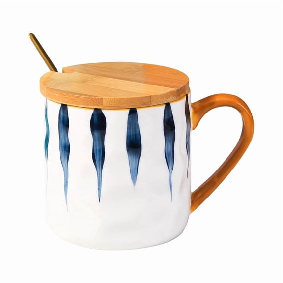 Hand-Painted Ceramic Striped Mugs Set - Unique Japanese Under-glaze Breakfast Cups with Lids and Spoons, 350ml Capacity, Set of 3