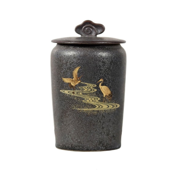 Hand-Painted Ceramic Tea Canister Crane Retro Storage Jar with Airtight Lid
