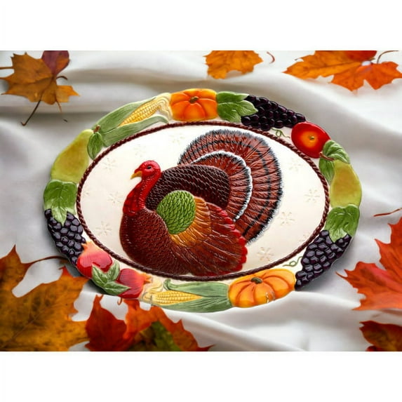 Hand Painted Ceramic Thanksgiving Turkey Platter 17x12 Fall Gift