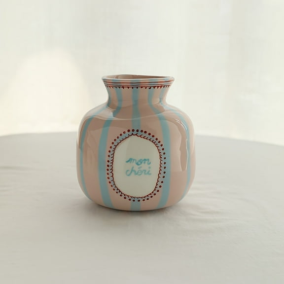 Hand-Painted Ceramic Vase with Pink & Green Heart Pattern, Irregular Shape, Small Tabletop Decorative Vase for Home or Office, Tabletop Decor | Modern Vase | Ceramic Vase, Vases Home Deco