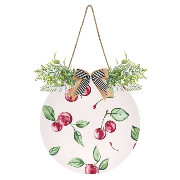 Hand Painted Cherry and Leaf Front Door Porch Decoration Hanging Sign with Artificial Green Plants and Bow for Home Outdoor Indoor