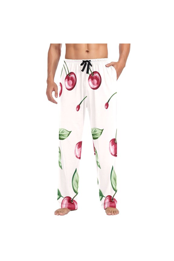 Hand Painted Cherry and Leaf Mens Cotton Pajama Pant Sleep and Lounge Bottons with Pockets