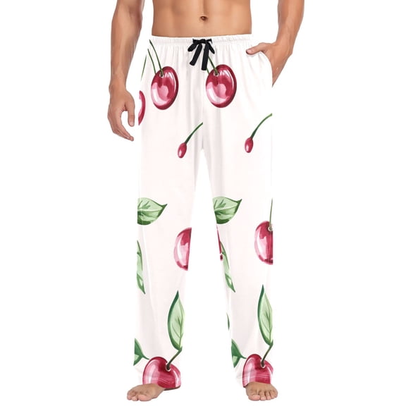 Hand Painted Cherry and Leaf Mens Cotton Pajama Pant Sleep and Lounge Bottons with Pockets