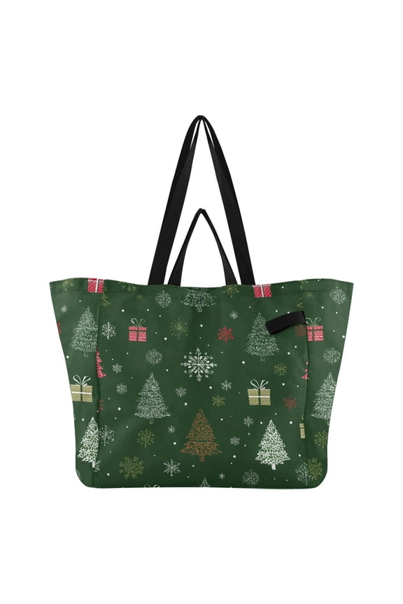 Hand Painted Christmas Tree Snowflake Gift Box Foldable Canvas Tote Bags Reusable Grocery Bags Laundry Bags Beach Bag 32L