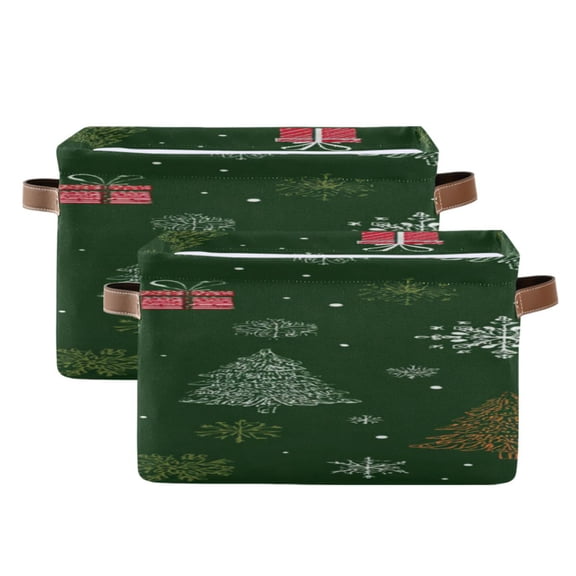 Hand Painted Christmas Tree Snowflake Gift Box Square Storage Bins with Handles Collapsible Containing Box 2 Packs