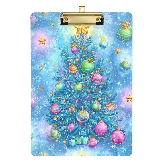 Hand Painted Christmas Trees Lights Acrylic Clipboard Drawing Board with Hook Writing Pad File Storage A4 Size Gold 12.5" x 9"
