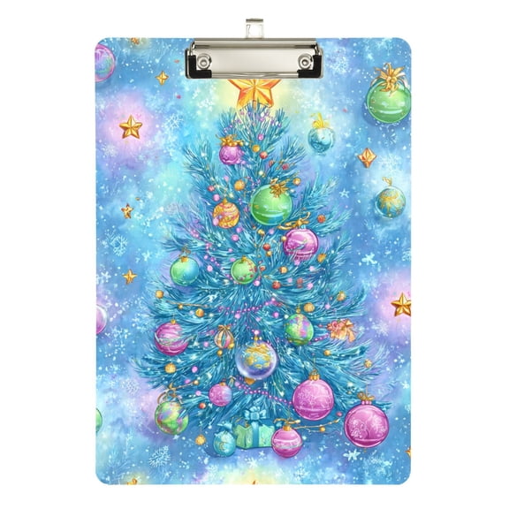 Hand Painted Christmas Trees Lights Acrylic Clipboard Drawing Board with Hook Writing Pad File Storage A4 Size Silver 12.5" x 9"