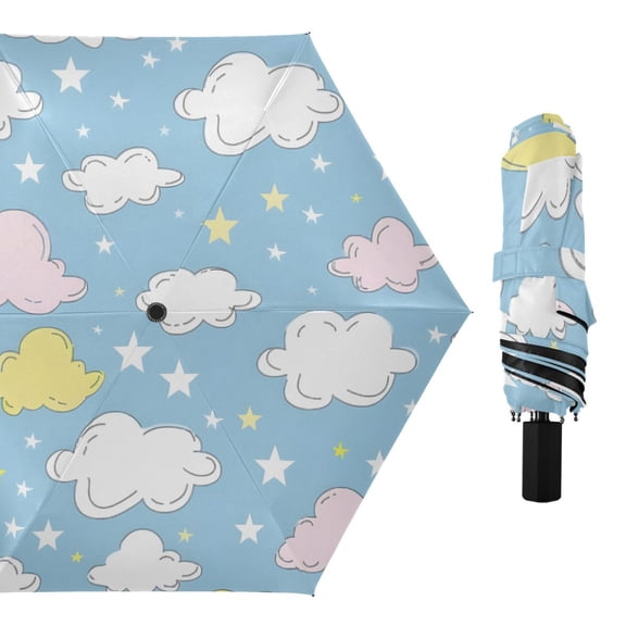 Hand Painted Clouds Stars All Weather Umbrella Triple Folding Parasol 6 Ribs UV Protection Portable