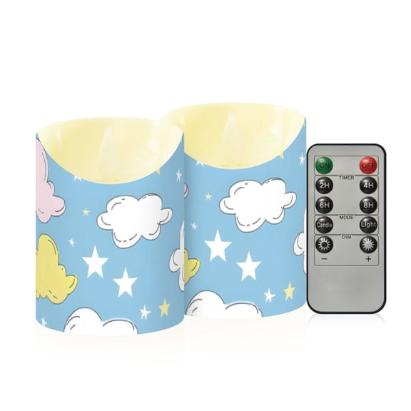 Hand Painted Clouds Stars Flickering Flameless Candles with Remote Timer Battery Operated LED Tealight Set of 2 S