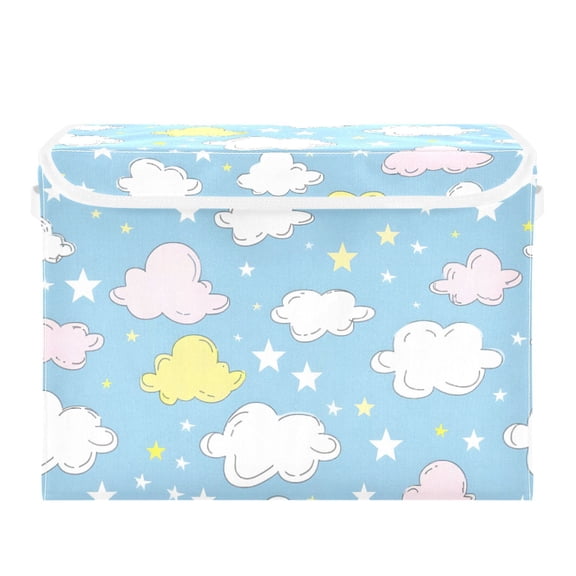 Hand Painted Clouds Stars Foldable Storage Bin with Lid and Handle Collapsible Storage Box 16.5 x 12.6 x 11.8 inches