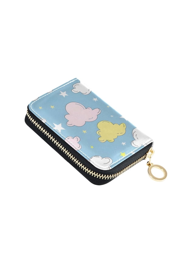 Hand Painted Clouds Stars Women's Credit Card Holder PU Leather Zipper Wallet RFID Blocking