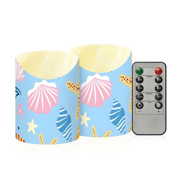 Hand Painted Colorful Sea Shells Starfishes Flickering Flameless Candles with Remote Timer Battery Operated LED Tealight Set of 2 S