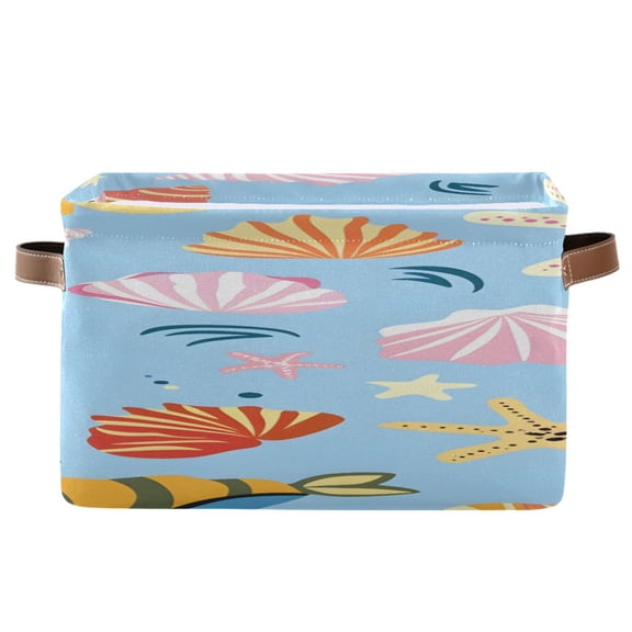 Hand Painted Colorful Sea Shells Starfishes Square Storage Bins with Handles Collapsible Containing Box 1 Pack