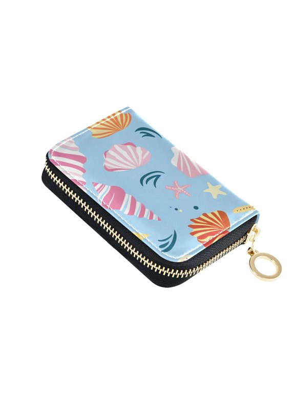 Hand Painted Colorful Sea Shells Starfishes Women's Credit Card Holder PU Leather Zipper Wallet RFID Blocking
