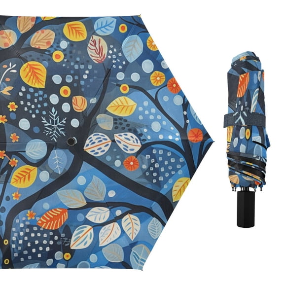 Hand Painted Colorful Trees All Weather Umbrella Triple Folding Parasol 6 Ribs UV Protection Portable