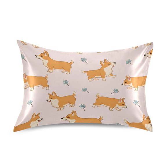 Hand Painted Corgi Pattern King Size Satin Pillowcase 40''x20'' Double-Sided Print Soft Wrinkle Resistant