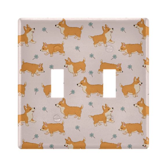 Hand Painted Corgi Pattern Toggle Switch Wall Plate 2-Gang Unbreakable Durable PC Flush Fit Round Edge 4.48x4.56in