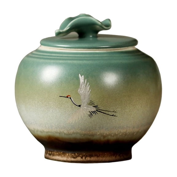Hand-Painted Crane Ceramic Tea Canister Loose Leaf Storage Jar with Lid