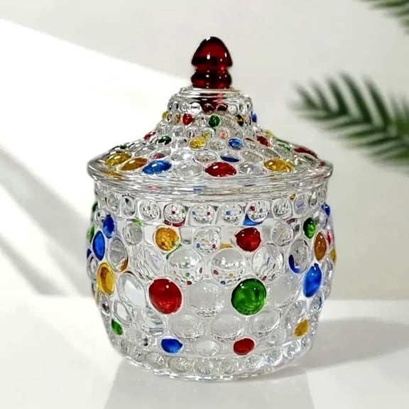 Hand-Painted Crystal Candy Dish with Lid - Colorful Glass Jar with Diamond Cut Embossed Pattern, Vintage Style Decorative Bowl for Candies, Nuts, Cookies, Jewelry & Home Decor  P